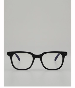 Front view of black rectangular eyeglass frames with silver rivet accents on corners