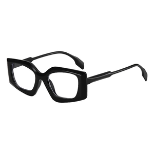 Modern square black geometric eyewear frames with clear lenses shown at a 45-degree angle