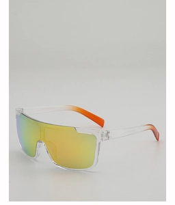 Detail view of colorful mirrored shield lens and transparent orange gradient temples