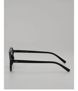 Close-up of black square eyewear frame featuring silver double rivet details and size specs