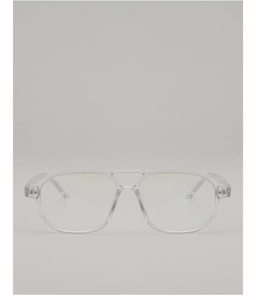 Close-up of stylish transparent double-bridge pilot frame glasses with sleek design