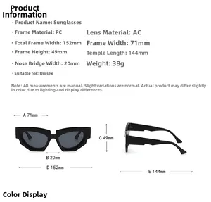 Detailed size chart of irregular cat-eye sunglasses with PC frame and AC lenses