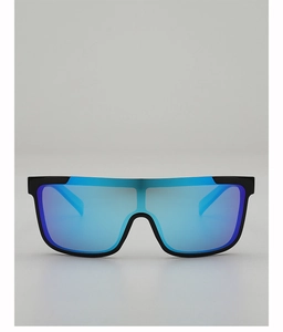 Close-up of blue mirrored oversized sun visor sunglasses with a sleek black frame