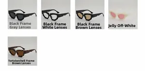 Detail view of irregular cat-eye sunglasses in various colors with bold geometric frames