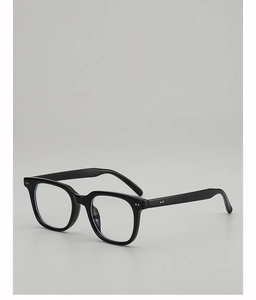 Detailed close-up of black square eyewear frame with metallic rivets and blue light lenses