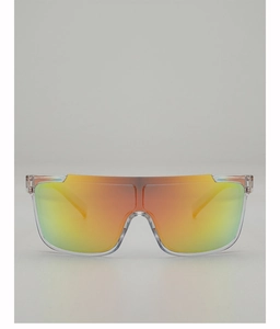Detail of gradient mirror lens and transparent frame on oversized sports sunglasses