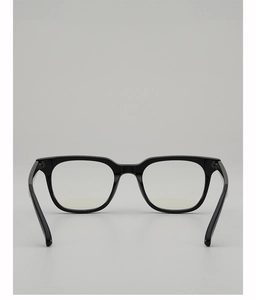 Detail of glossy black square eyeglass frames showing minimalist temple design and finish