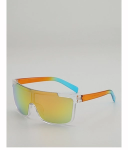 Detailed macro of oversized sports sunglasses with orange gradient lenses and clear frames
