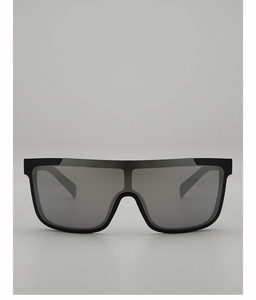 Detailed front view of flat top oversized sunglasses with dark lenses and wide temples