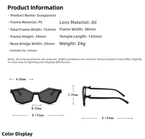 Detailed size chart for unisex punk sunglasses featuring frame width and lens height details