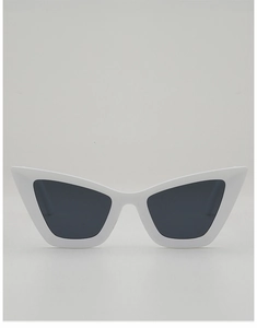 Front view of white cat-eye sunglasses with dark grey lenses in a retro style