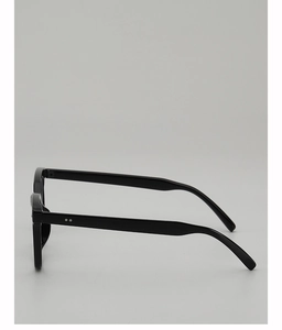 Detail view of black eyewear frame featuring side temple curves and metallic rivets decoration