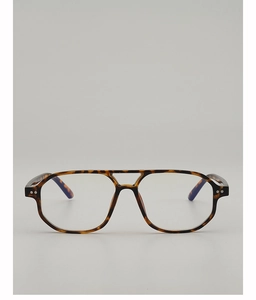 Close-up of tortoise shell pilot eyeglass frames with double bridge and silver rivets