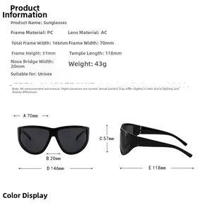 Detailed size chart for oversized unisex sunglasses showing frame width and lens dimensions