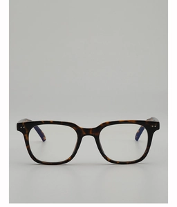 Close-up of tortoise shell glasses frames with stylish metal rivets and full rim design