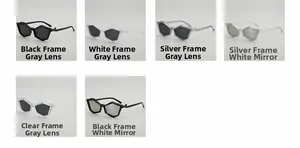 Six colors of futuristic geometric pentagon sunglasses with matte frames in a 2x3 grid view