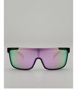 Close-up of oversized shield sunglasses with black frame and pink-green gradient mirror lens