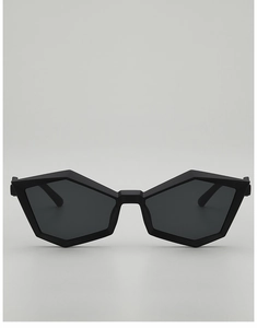 Detailed front view of matte black geometric polygonal sunglasses with dark grey lenses