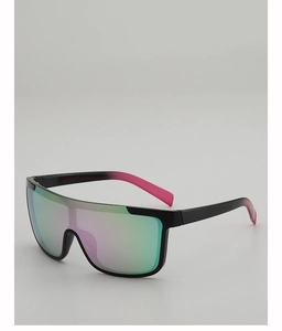 Detail view of oversized sports sunglasses with colorful green and purple gradient lenses