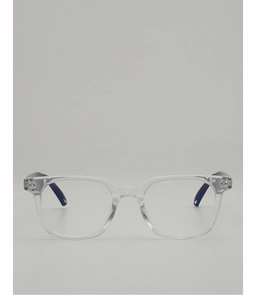 Detail of transparent eyewear frame with black temples in a modern minimalist style
