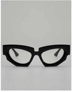 Front view of trendy irregular black cat-eye sunglasses with bold geometric resin frames