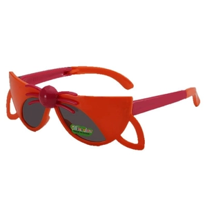 Cute cartoon cat-ear folding sunglasses for kids with orange frames and pink temples