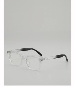 Macro detail of transparent square glasses frame with black gradient temples and metal hinge