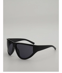Side view of oversized black wrap shield sunglasses with glossy finish and tinted lenses