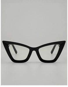 Front view of black cat-eye glasses frames with clear lenses on a grey background
