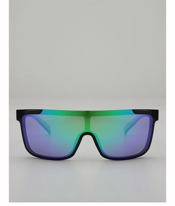 Close-up of matte black shield sunglasses featuring green to purple gradient mirror lens