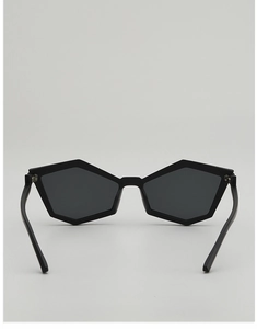 Detailed front view of black geometric irregular polygon sunglasses with futuristic punk style