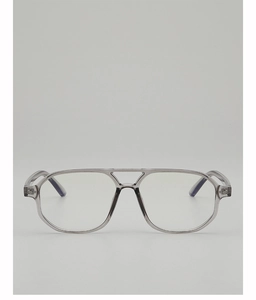 Front view of translucent grey pilot glasses frame with double bridge design and blue accents