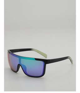 Detail of oversized shield sunglasses with rainbow mirror lenses and gradient green temples