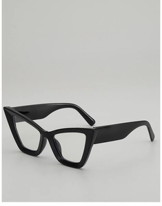 Detail of glossy black cat-eye sunglasses with sharp lines and smooth resin texture