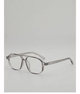 Detail view of transparent grey pilot glasses showing inner temple frame specifications