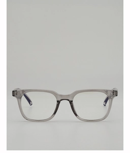 Detailed front view of modern gray transparent square frame glasses in acetate