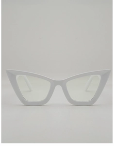 Detailed front view of trendy white cat-eye frames with clear lenses and polished finish