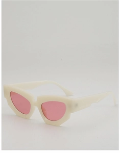 Detail of trendy irregular cream cat-eye sunglasses with soft pink lenses for women