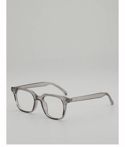 Detail view of the transparent grey resin eyeglass frame with minimalist 45-degree angle