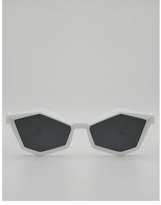 Front view of white geometric pentagon sunglasses with bold frames and dark grey lenses
