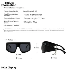 Size chart for oversized Y2K sunglasses showing frame width and lens height dimensions