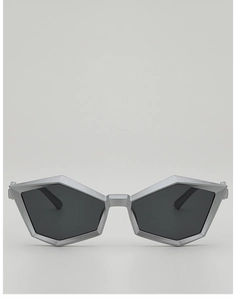 Detail of silver matte polygonal frame with geometric edges on futuristic sunglasses