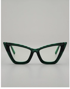 Detailed view of cat-eye sunglasses with unique dark green and black striped patterns