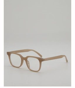 Detail of light brown translucent frame with silver rivets and sleek retro design