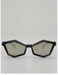 Front view of punk polygon diamond sunglasses with geometric black frames and grey lenses