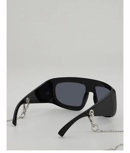 Detail of square oversized Y2K sunglasses with detachable silver metal chain links