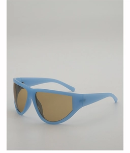 Detail view of futuristic oversized shield sunglasses in light blue matte frame