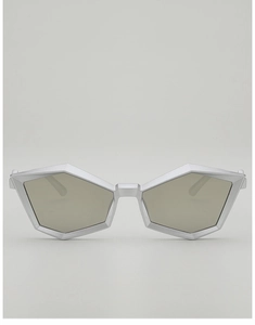 Front view of silver geometric sunglasses with futuristic polygon frames and dark lenses
