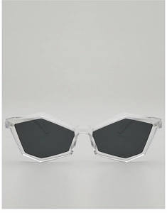 Detailed view of futuristic geometric polygon sunglasses with transparent resin frames