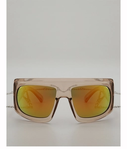 Front view of Y2K square sunglasses with amber frames, orange lenses and silver chain